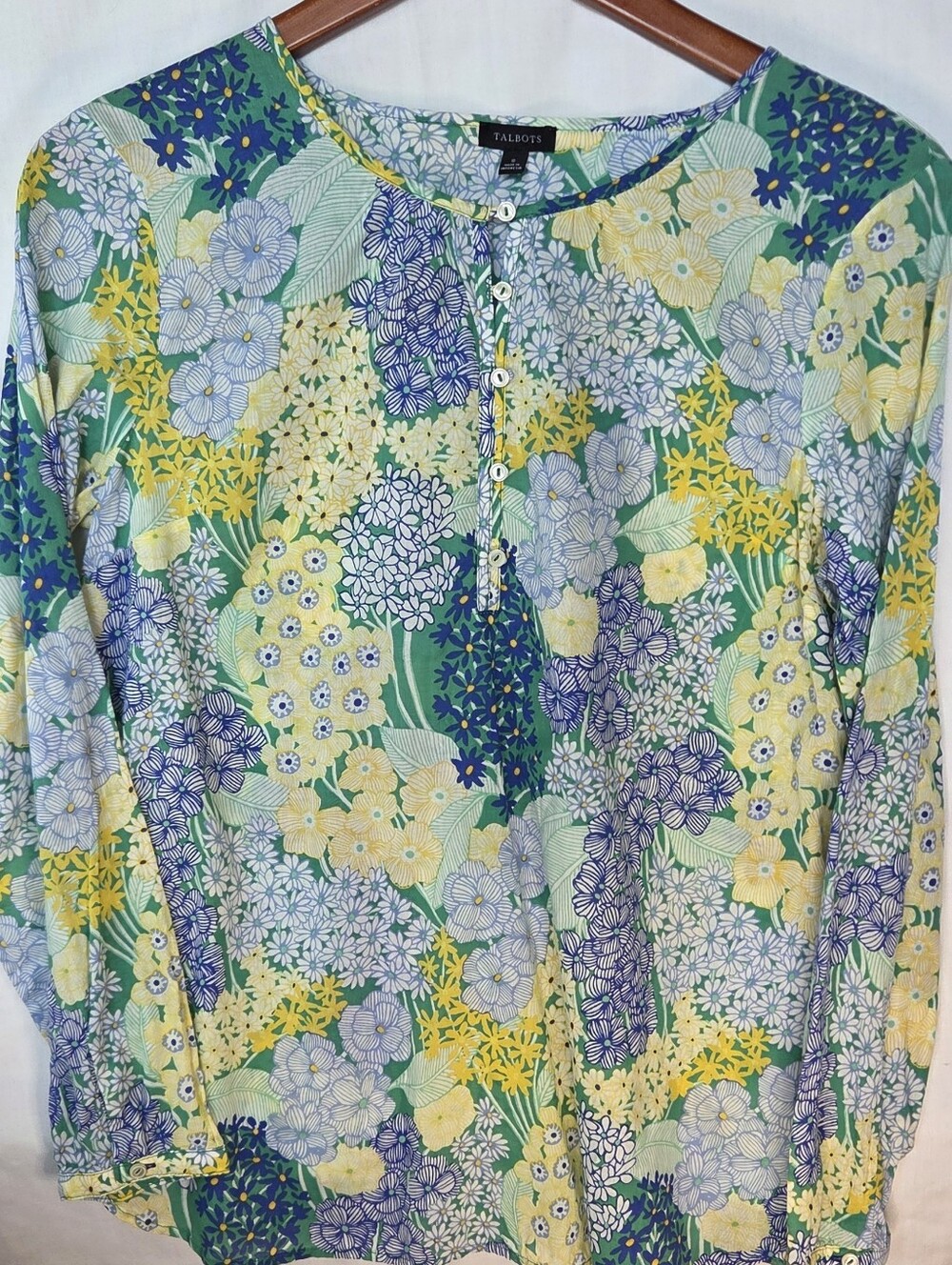 Talbots Womens Sz S Vibrant Floral Lightweight Cotton Henley Blouse Peasant Boho